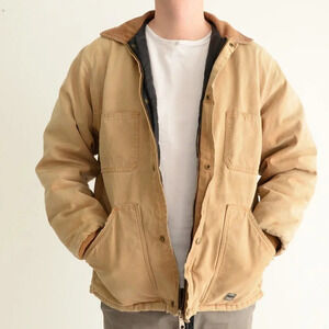 Vintage 80's Big Bill Tan Canvas Carhartt Style Courduroy  Collar Zip Up Coat S